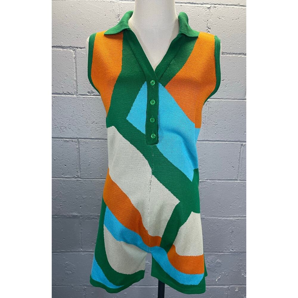 Colorful Abstract Knit Shorts Bodysuit One Piece Romper Collared Psychedelic LG